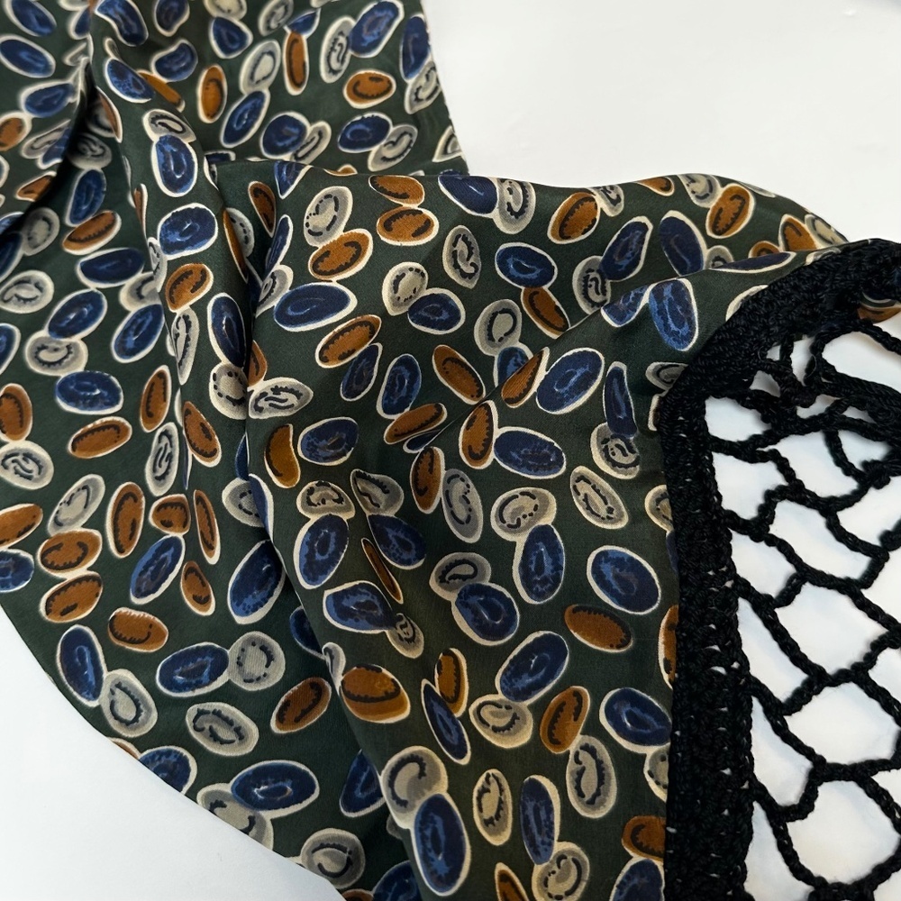 Vintage Fringe Neck Scarf Boho Retro Green Patterned Skinny Scarf